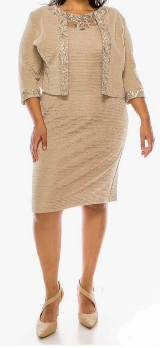 Brianna Milay Sheath Dress Jacket Two Piece Set Beige 14 Classic Chic Wedding